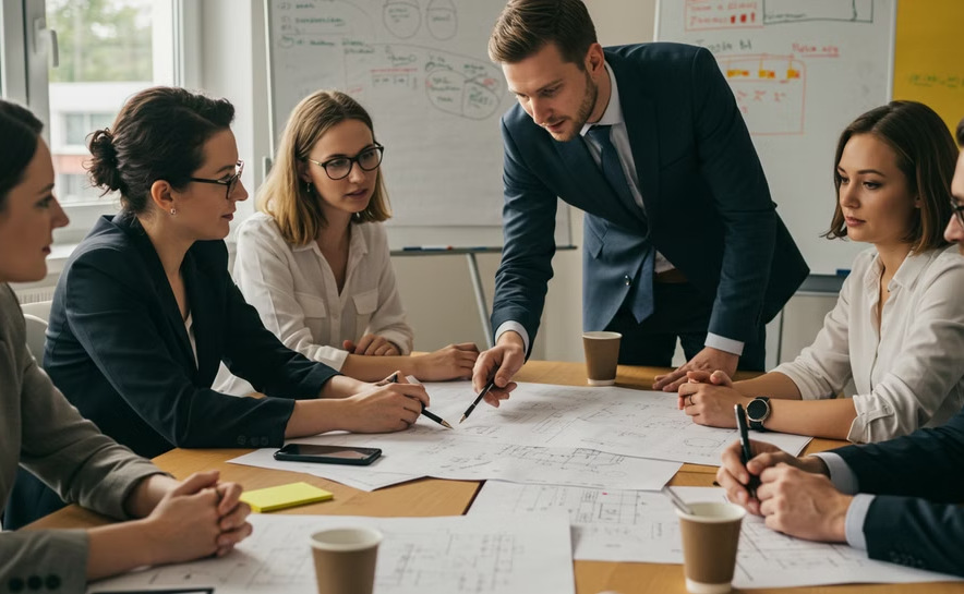 Group of people sitting at a conference table reviewing documentation.